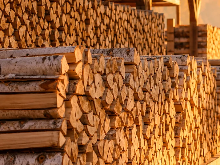 Дубовые дрова в штабеле на поддонах